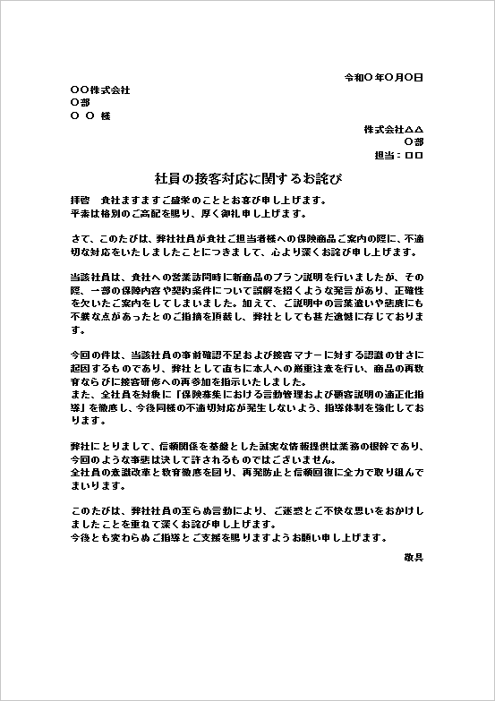 A4縦:情報の誤りや態度不備への社員の接客対応に関するお詫び状