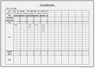 Excelで作成した有給休暇日数表