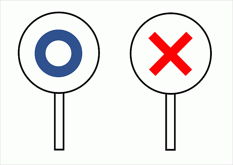 円形プラカードに青色と赤色の〇と×を表示した賛成反対のプレート